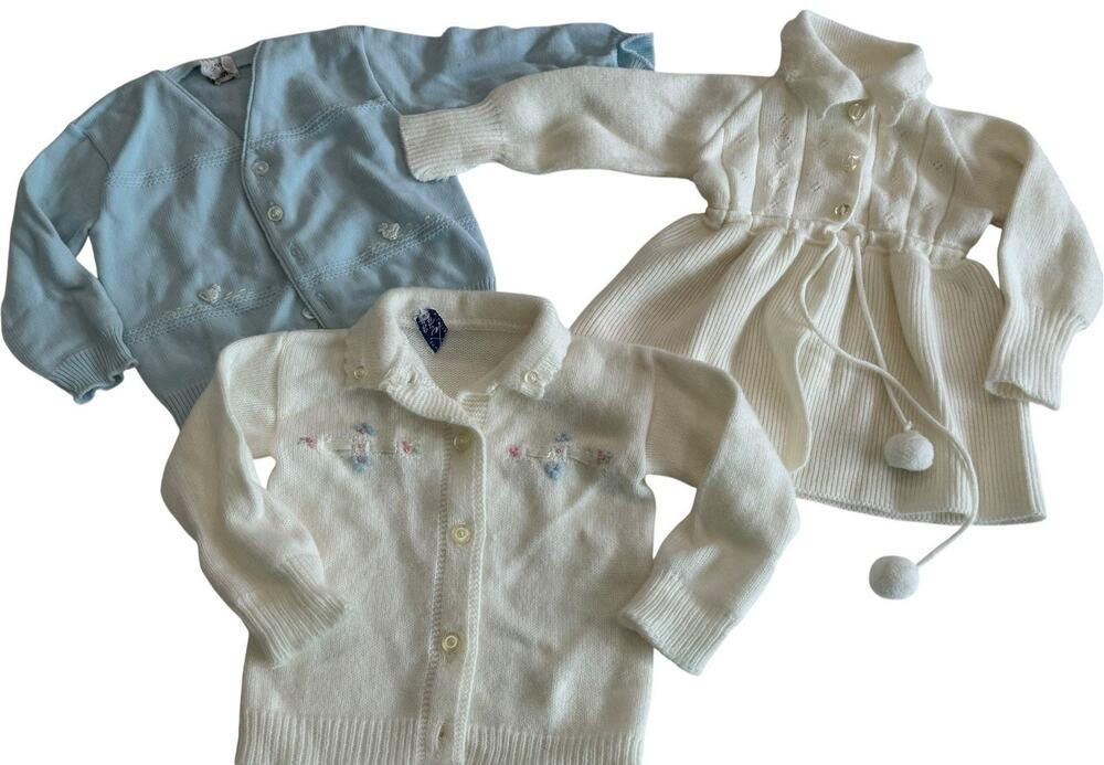 Vintage 1980s Baby Girl Cardigan Sweater Lot 3pc 12-18M Duck Pom Pom Floral